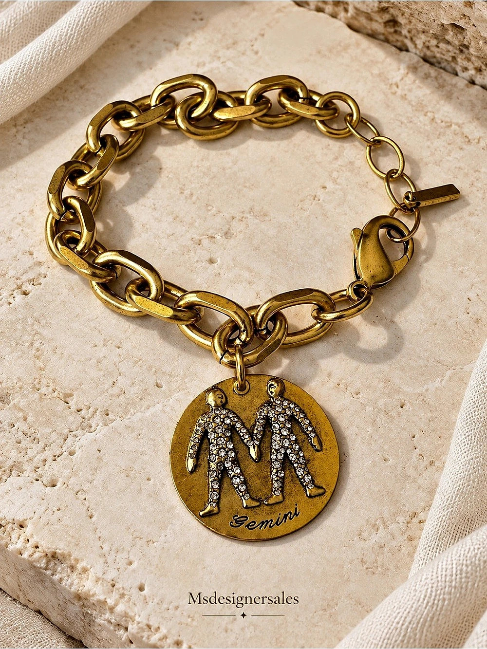 Gemini Gold-Tone Rhinestone Charm Bracelet Like New 198